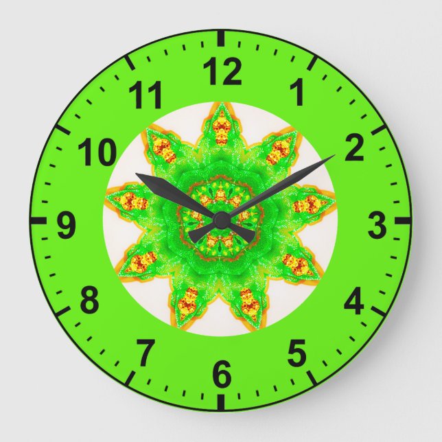 Reloj Redondo Grande ~ Fractal de estrella verde fluorescente ~ (Anverso)