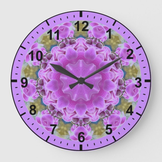 Reloj Redondo Grande ~ Fractal de orquídeas púrpuras largas ~ (Anverso)