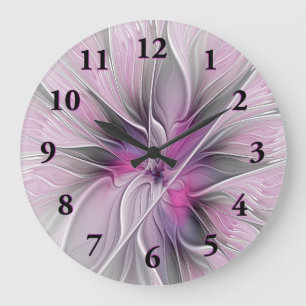 Reloj Redondo Grande Fractal Floral Moderno Abstracto Flor Rosa Gris