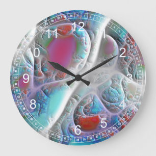 Reloj Redondo Grande Fractal rosado y ciánico abstracto del edredón