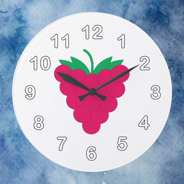 Reloj Redondo Grande Frambuesa rosa con números (A clock with a graphic of a pink raspberry and white numbers with a black outline.)