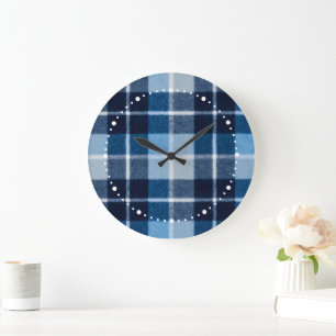Reloj Redondo Grande Franela a cuadros azul blanco acogedor
