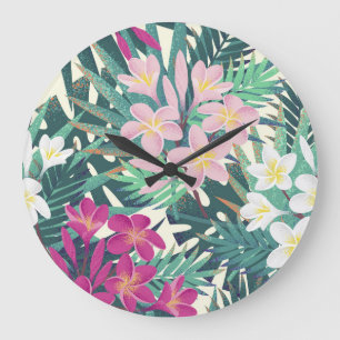 Reloj Redondo Grande Frangipani Tropical: Vintage rosa-blanco.