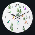 Reloj Redondo Grande Freeride Snowboarder Snowboarding Illustration<br><div class="desc">Cool whimsical illustration art of colorful snowboarders,  snowboarding downhill in mountains among pine,  spruce,  fir trees on fresh snow powder. Snowboard and xmas outdoor sport in a winter forest. Snowboarder gifts. Snowboarding Christmas decor.</div>