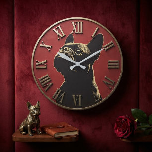 Reloj Redondo Grande French Bulldog Silhouette Red & Black Pet Decor