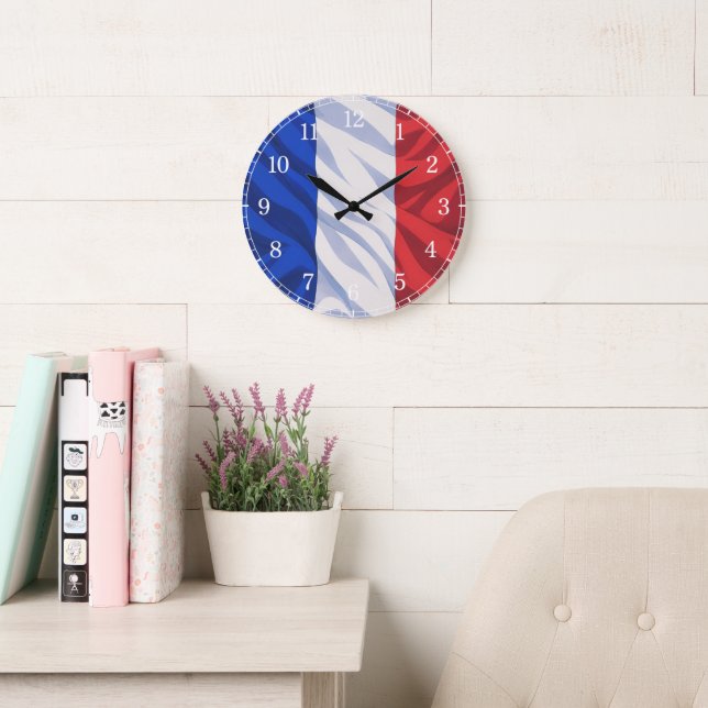 Reloj Redondo Grande French Flag Wall Clock — Waving Flag Design (Sala de lectura)