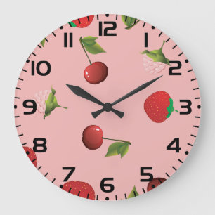 Reloj Redondo Grande Fresa Roja y Patrón de Cereza Fruta Rosa