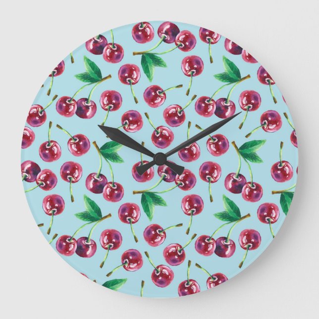Reloj Redondo Grande Fresas acuáticas modernas: Jugoso patrón de cereza (Anverso)