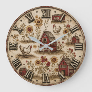 Reloj Redondo Grande Fresh Eggs Rustic Chicken & Red Barn Farmhouse