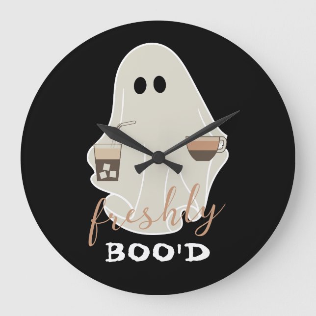 Reloj Redondo Grande Freshly Boo'd | Halloween Cute Ghost | Negro (Anverso)