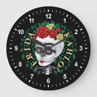 Reloj Redondo Grande Frida Kahlo | Calavera con corona Rosa