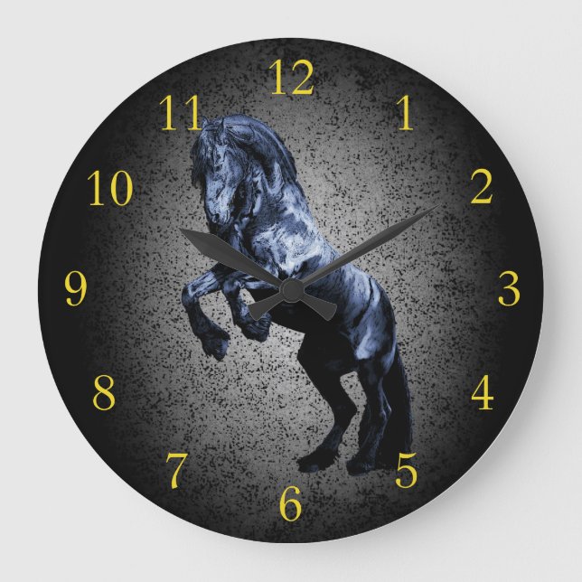 Reloj Redondo Grande Friesian horse,black stallion beauty grey granite (Anverso)