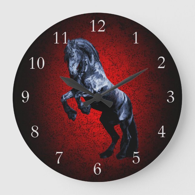 Reloj Redondo Grande Friesian horse, black stallion beauty red granite (Anverso)