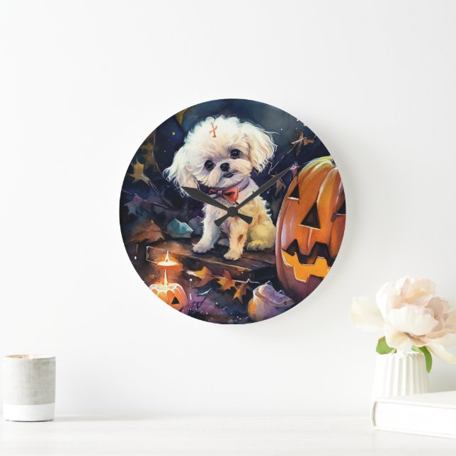 Reloj Redondo Grande Frisa de Bichon de Halloween con calabazas asustad (Hogar)
