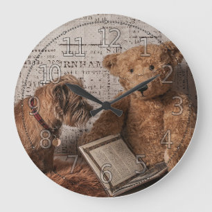Reloj Redondo Grande Frontera Terrier y lectura del oso de peluche,