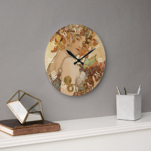 Reloj Redondo Grande Fruta de Alphonse Mucha, Arte Nouveau Vintage