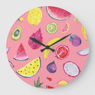 Reloj Redondo Grande Fruta exótica: Patrón trópico dibujado a mano