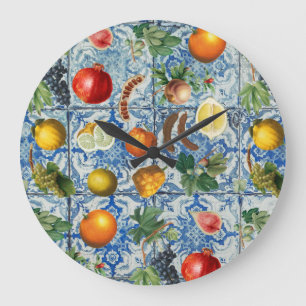 Reloj Redondo Grande Fruta mediterránea de verano y mosaico blanco azu