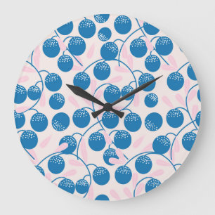 Reloj Redondo Grande Frutas azules, hojas rosas, diseño sin fisuras.