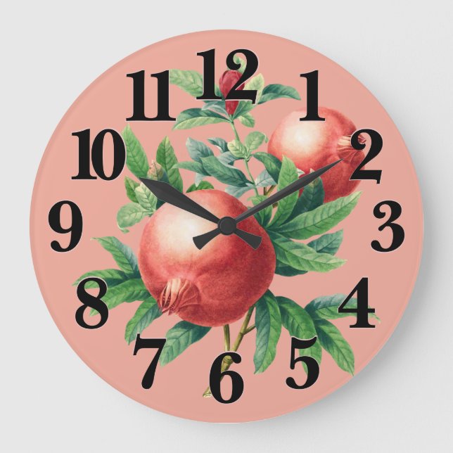 Reloj Redondo Grande Frutas de granada roja y hojas verdes (Anverso)