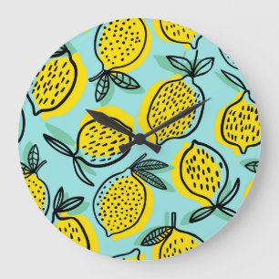 Reloj Redondo Grande Frutas de limón: patrón vintage de verano.