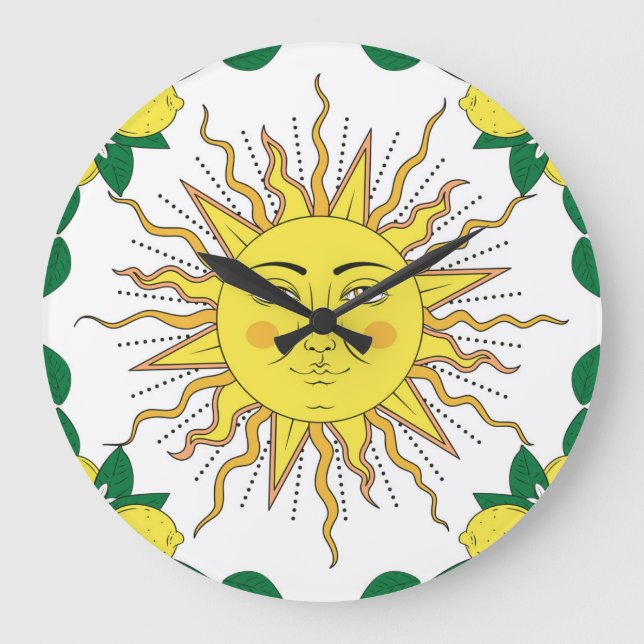 Reloj Redondo Grande Frutas de limón tropical, cara de sol. (Anverso)