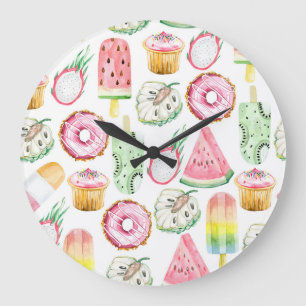 Reloj Redondo Grande Frutas tropicales acuáticas, patrón de helados.