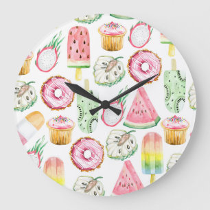 Reloj Redondo Grande Frutas tropicales acuáticas, patrón de helados.