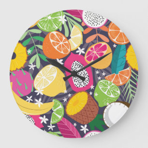 Reloj Redondo Grande Frutas tropicales exóticas Fondo oscuro