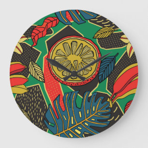 Reloj Redondo Grande Frutas tropicales, hojas, doodle floral patrón.