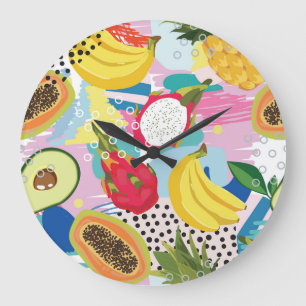Reloj Redondo Grande Frutas Tropicales, Patrón Vintage sin Mar.