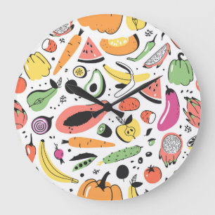 Reloj Redondo Grande Frutas, verduras dibujadas a mano.