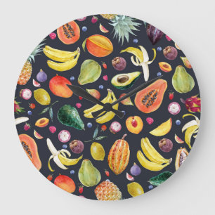 Reloj Redondo Grande Frutos Tropicales: Patrón multifruta acuarela.