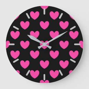 Reloj Redondo Grande Fuchsia pink polka hearts on black