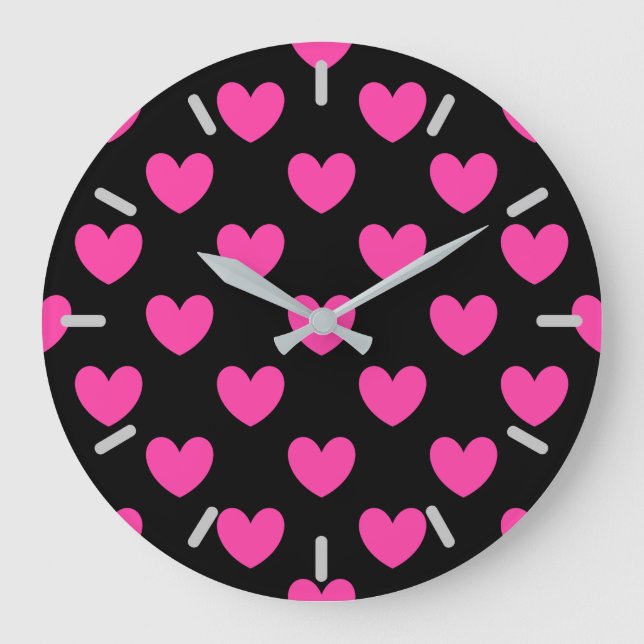 Reloj Redondo Grande Fuchsia pink polka hearts on black (Anverso)