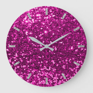 Reloj Redondo Grande Fuchsia Vivid Purpurina rosa brillante gris rosa