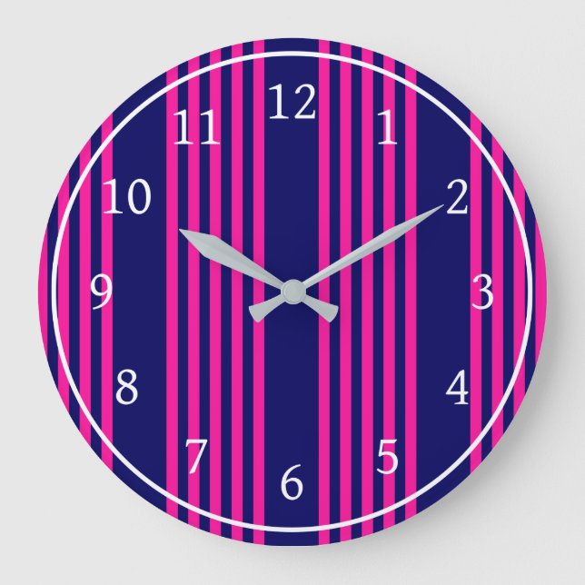 Reloj Redondo Grande Fuchsia y azul marino de cinco rayas patrón (Anverso)
