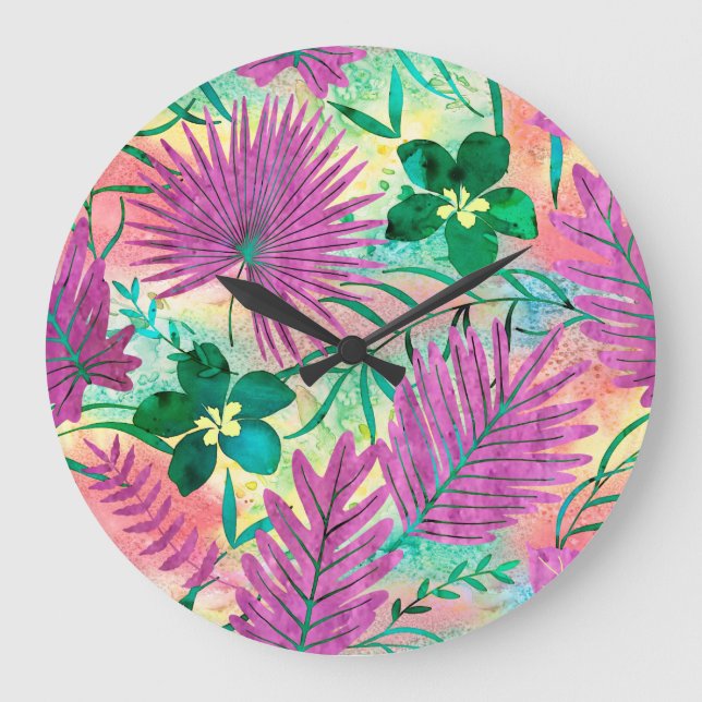 Reloj Redondo Grande Fucsia tropical hawaiano del jardín de Nalani (Anverso)