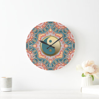 Reloj Redondo Grande Fuego Yin Yang Feng Shui de Oro verde azulado