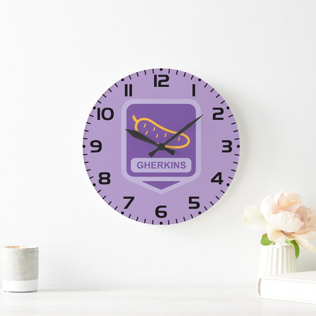 Reloj Redondo Grande Fun Gherkin Pickle Icon Purple and Yellow (Subido por el creador)