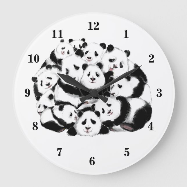 Reloj Redondo Grande Fun Pandas Clock - Big Hugs - Black White Painting (Anverso)
