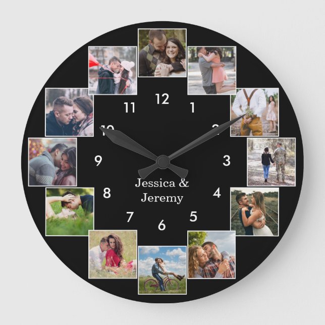Reloj Redondo Grande Fun Photo Collage Couple's Black Large Clock (Anverso)