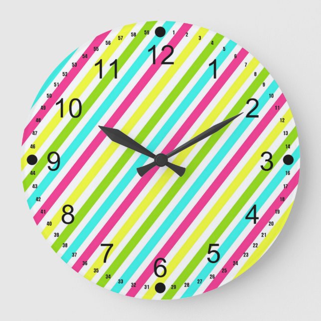 Reloj Redondo Grande Funky Neon Pink Blue Green Stripes Amarillos (Anverso)