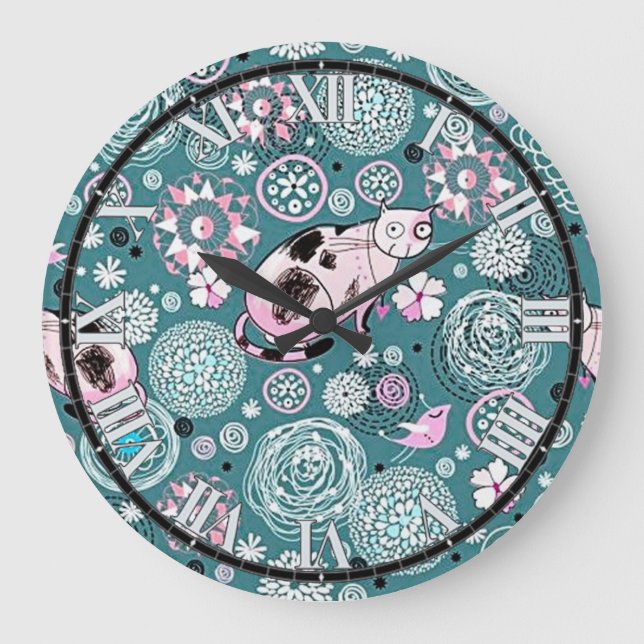 Reloj Redondo Grande Funky Rosa Kitty Cat Pattern Wall Clock (Anverso)