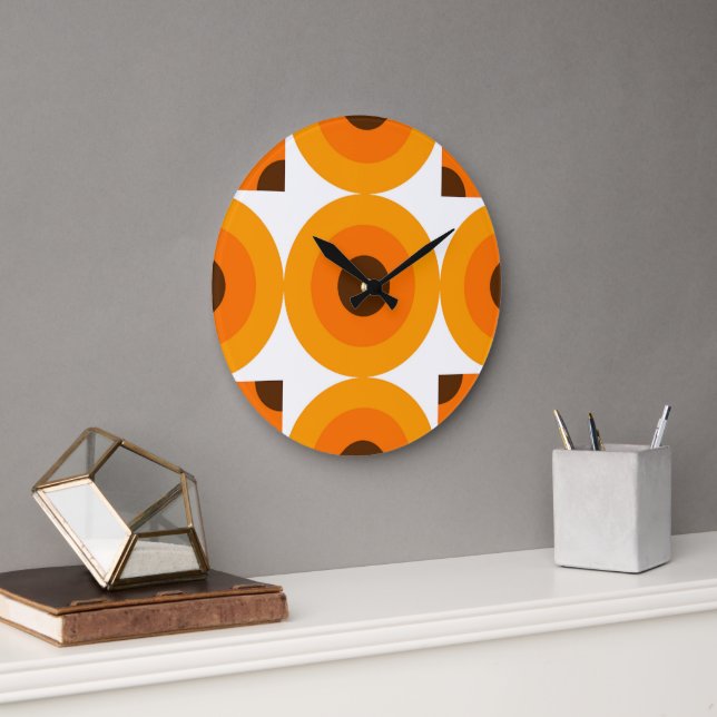 Reloj Redondo Grande Funky Summer Naranja Brown Círculos Patrón de arte (Oficina)