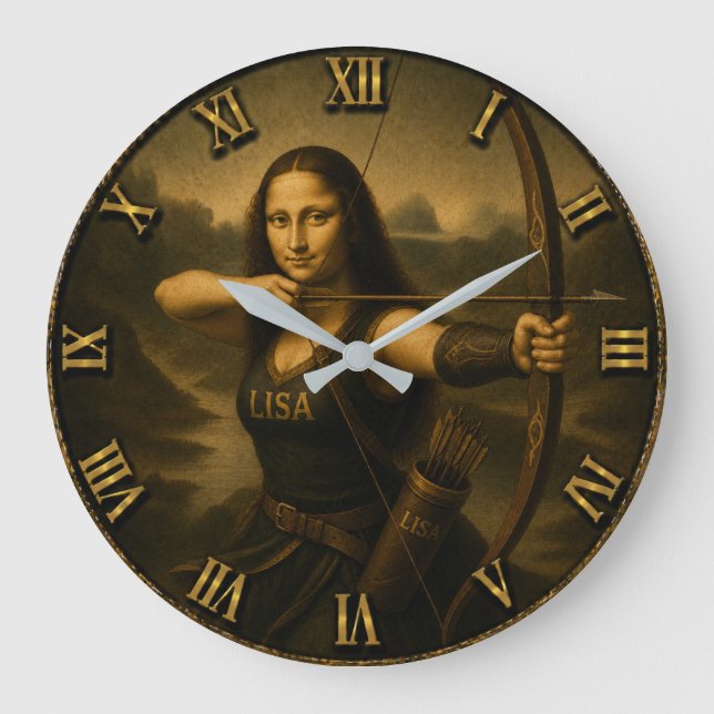 Reloj Redondo Grande Funny Archery Mona Lisa Bow and Arrow Gift (Anverso)