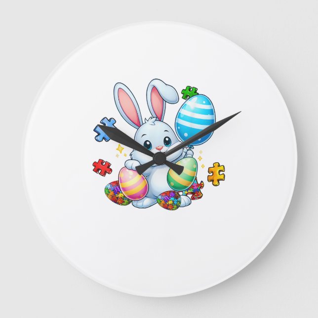 Reloj Redondo Grande Funny Autism Awareness Puzzle Easter Bunny Eggs Ki (Anverso)