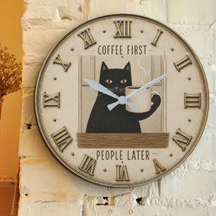 Reloj Redondo Grande Funny Black Cat Coffee First People Later Cat Love