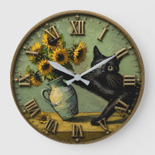 Reloj Redondo Grande Funny Black Cat & Sunflower Whimsical Cat Lover 
