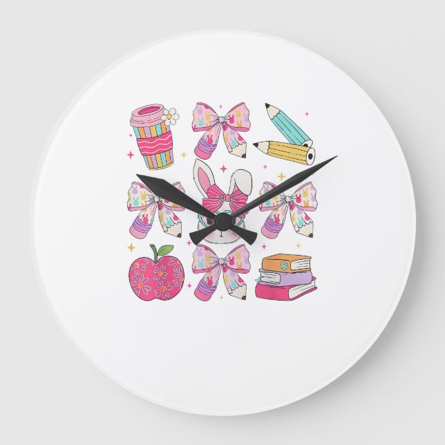 Reloj Redondo Grande Funny Bunny Coquette Bow Rabbit Teacher Easter Ret (Anverso)